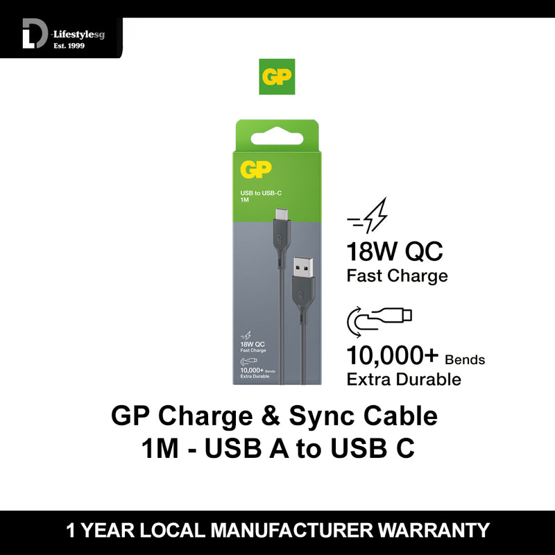 GP Charge & Sync Cable - 1M - USB A to USB C (18W QC) CC1N (Grey)