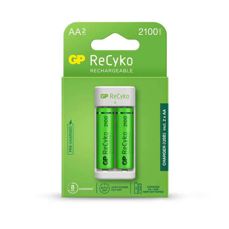 GP Recyko 2-Slot Charger E211 with 2x AA 2100mAh rechargeable batteries - GPACSE211021