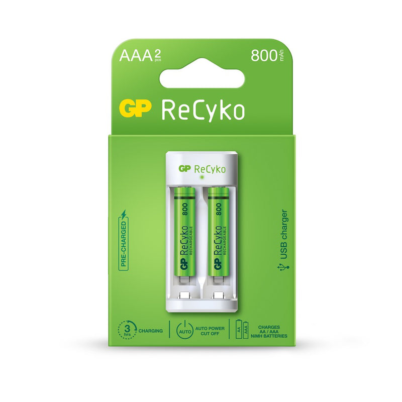 GP Recyko 2-Slot Charger E211 with  2x AAA 800mAh Rechargeable Battery - GPACSE211022